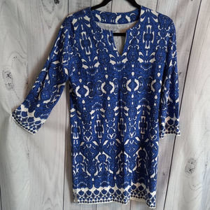 Coolibar | Blue & White Paisley Notched V-Neck 3/4 Sleeve Tunic Dress UPF 50+